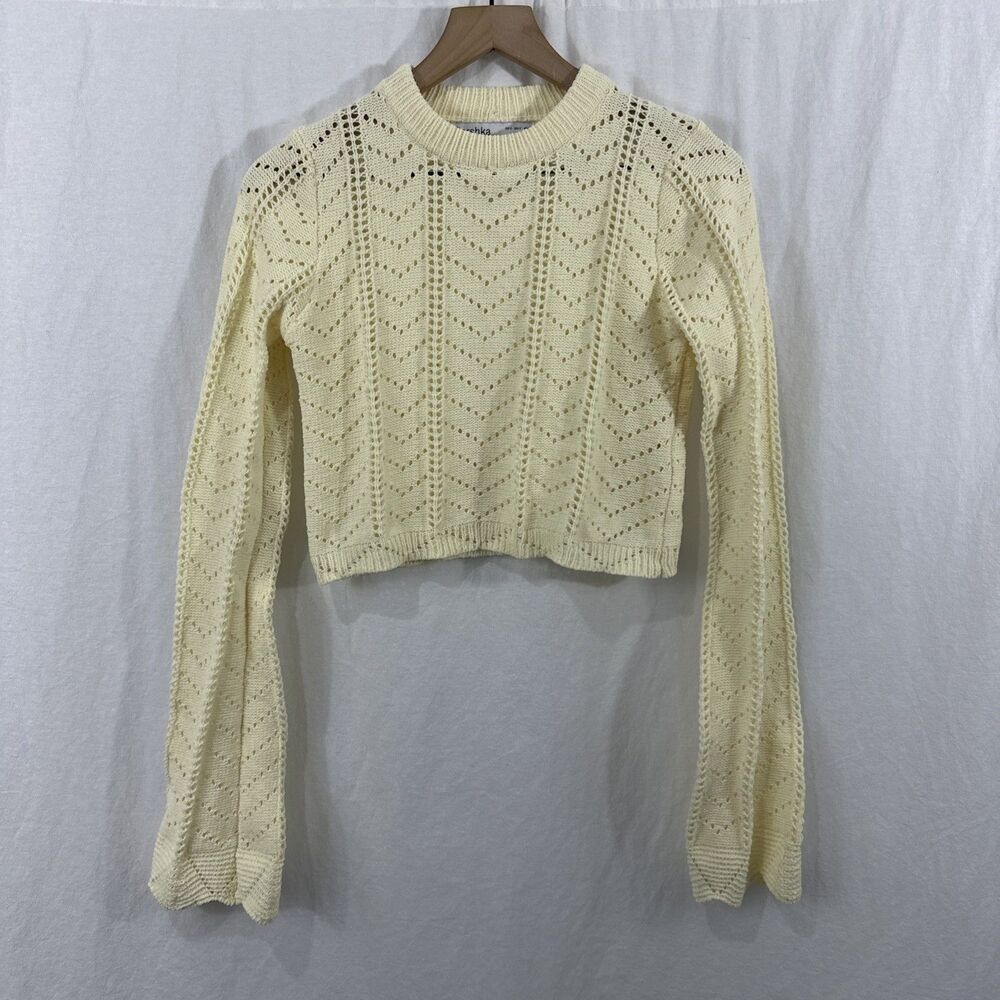 Bershka Butter Yellow Open Knit Crop Flare Sleeve Sweater Womens Sz S Boho